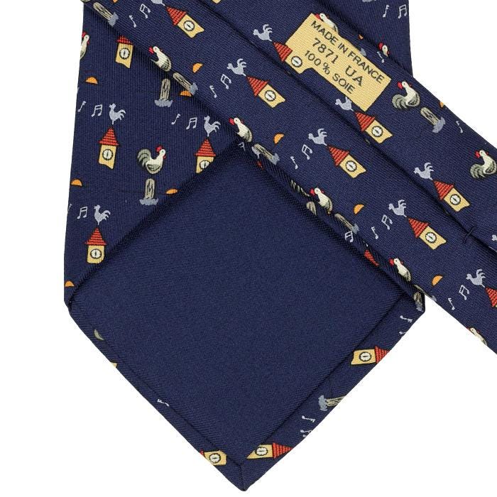 Hermes Men's Silk Tie Whimsical Roosters and Clocks Pattern 7871 | Necktie Cravate