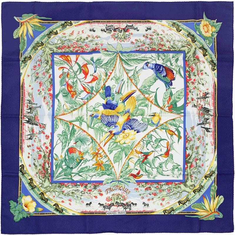 Hermes Scarf "Tropiques" by Laurence Bourthoumieux Vintage 90cm Silk | Carre Foulard