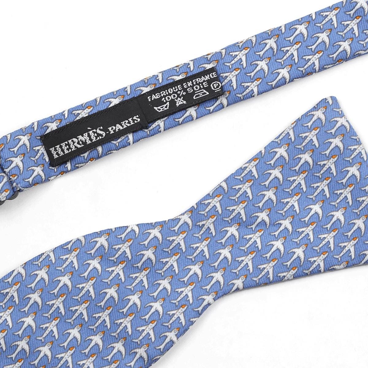 Hermes Men's Silk Bowtie Whimsical Airplanes and Birds Pattern | Necktie Cravate Bow Tie