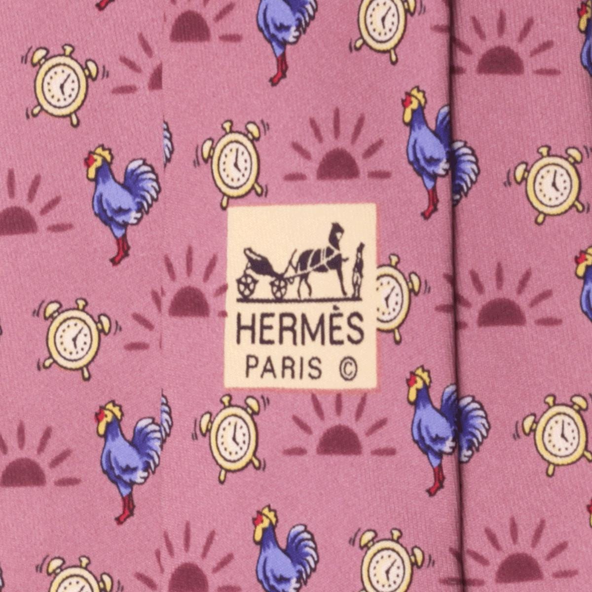 Hermes Men's Silk Tie Roosters and Clocks Pattern 7566 | Necktie Cravate
