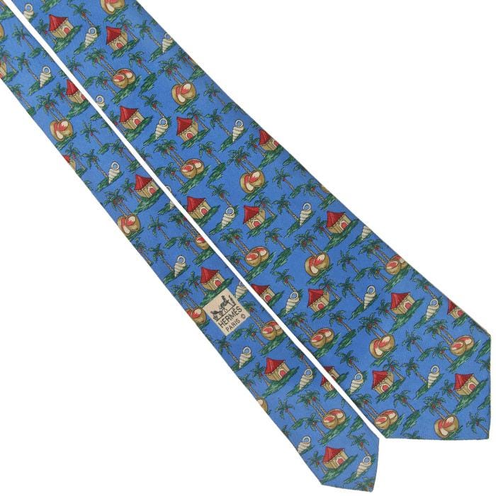 Hermes Men's Silk Tie Tropical Island Pattern 7516 | Necktie Cravate