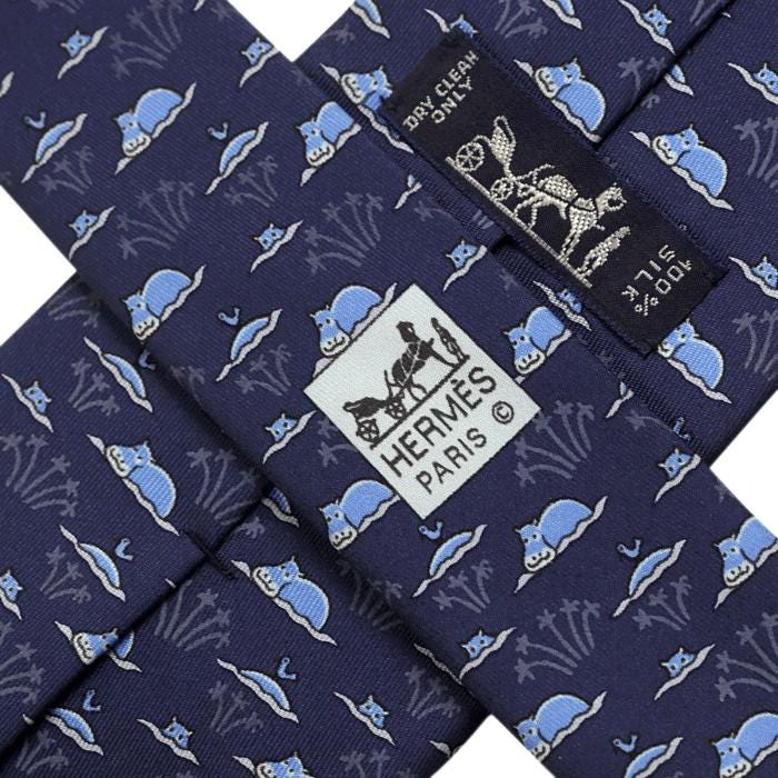 Hermes Men's Silk Tie Whimsical Hippos Pattern 5271 | Necktie Cravate