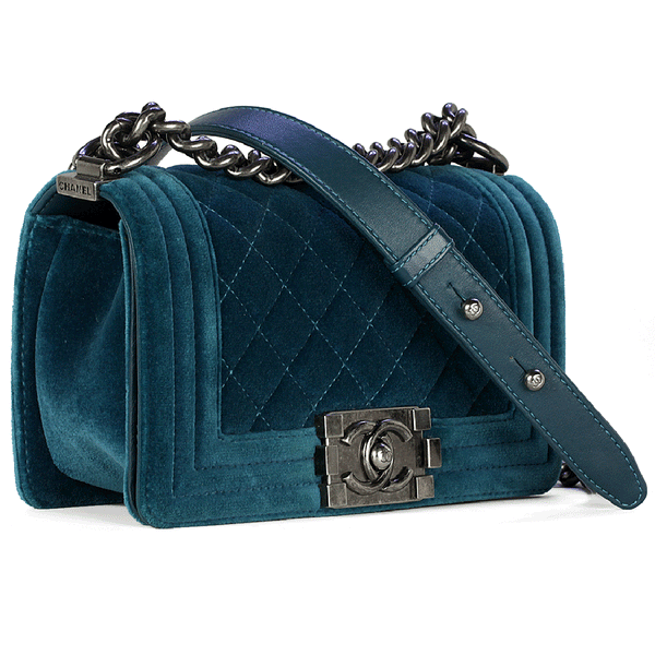 Chanel Boy Bag Turquoise Velvet Quilted with Ruthenium Hardware Small