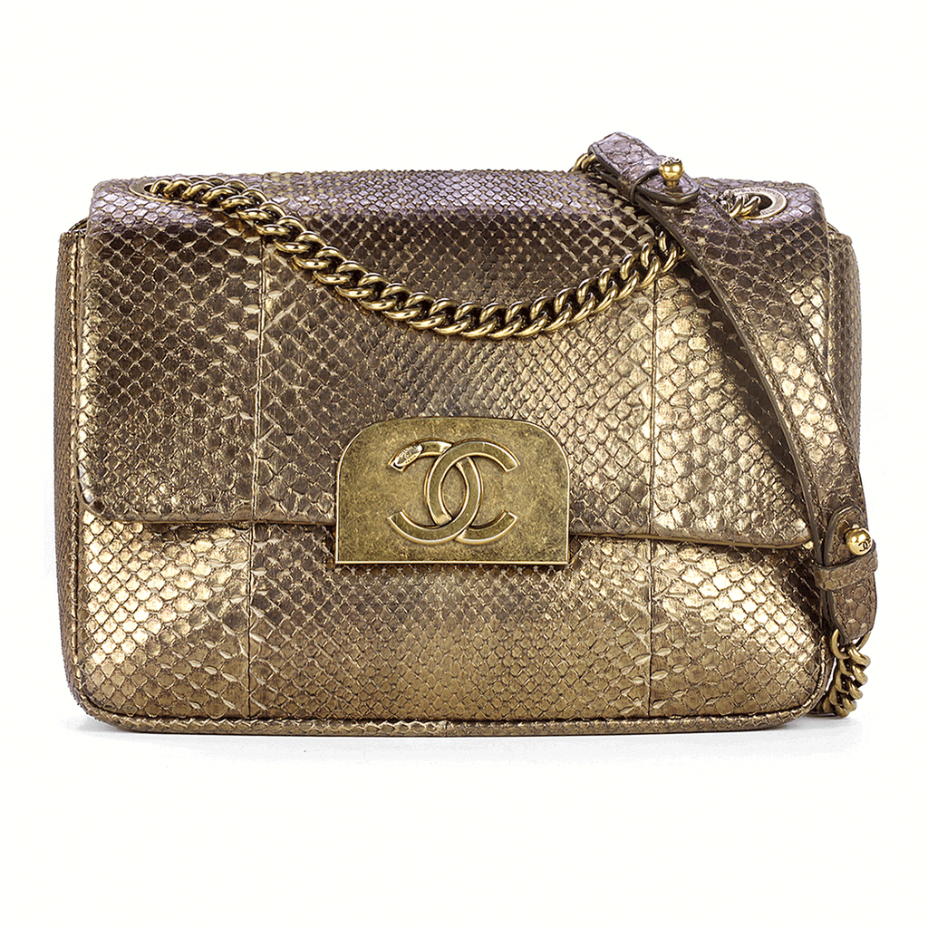 Chanel Bag Classic Single Flap Gold Python Leather with Gold