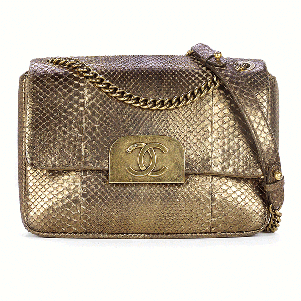 Chanel Bag Classic Single Flap Gold Python Leather with Gold Hardware Small