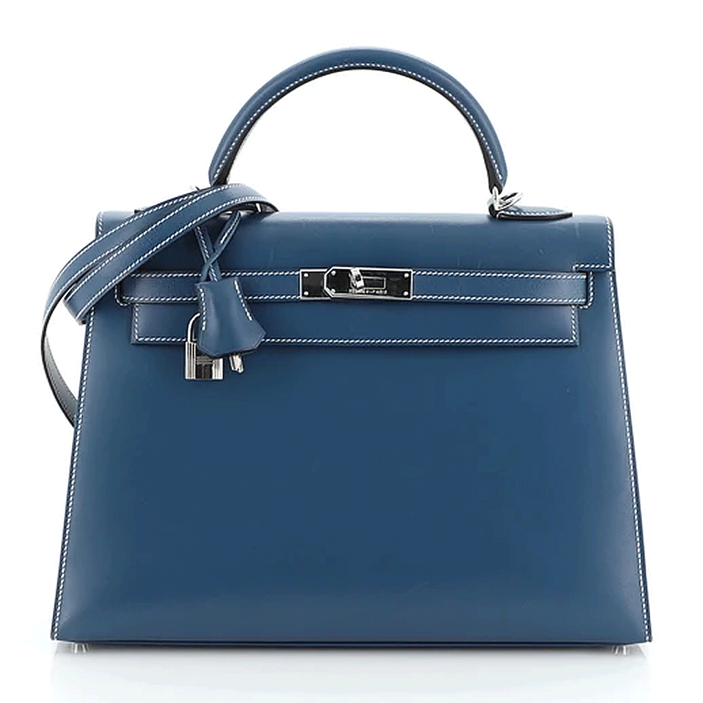 Hermès Kelly Handbag Blue Thalassa Box Calf with Palladium Hardware 32