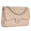 Chanel Bag Classic Double Flap Beige Caviar Leather with Silver Hardware Jumbo