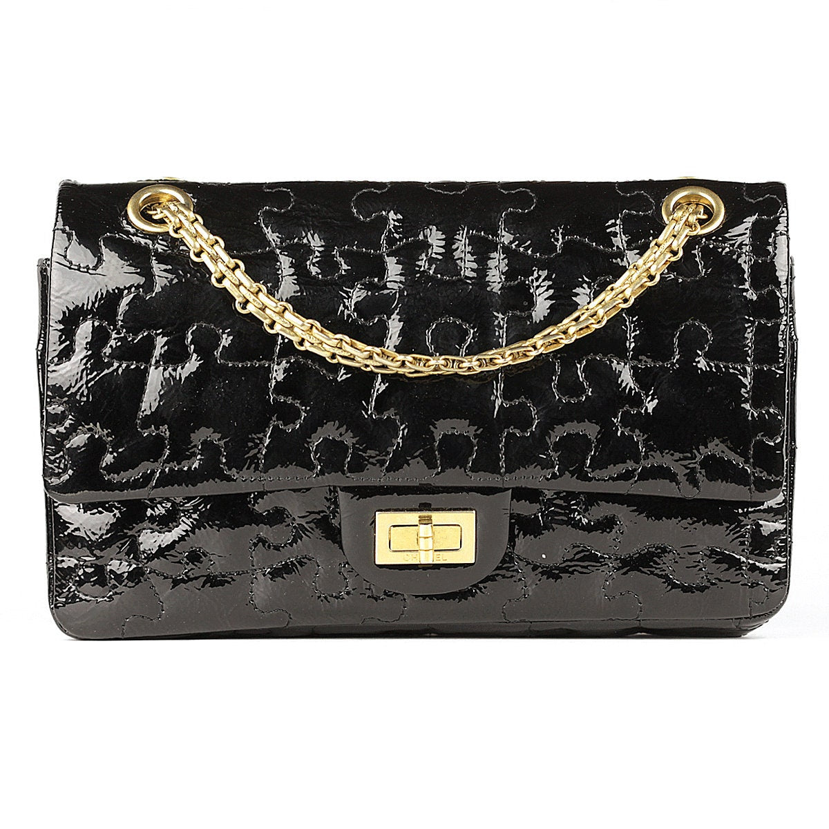 AUTH CHANEL 2.55 225 REISSUE BLACK PATENT LEATHER FLAP BAG GOLD HW 8800+ usd