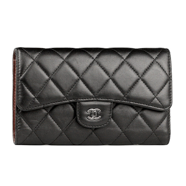 Chanel Black Quilted Caviar Classic Flap Wallet Pale Gold Hardware