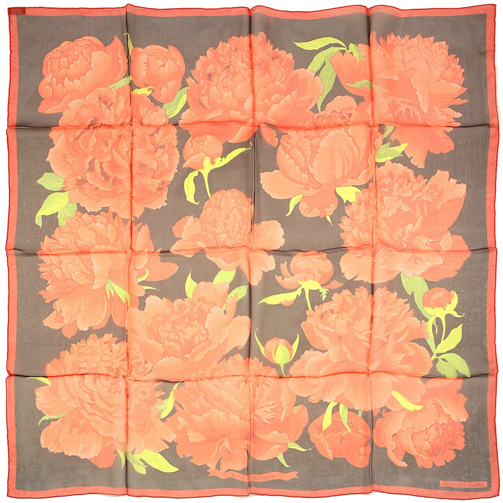 Hermes Scarf Mousseline "Pivoines" by Christiane Vauzelles  90cm Silk | Carre Foulard  Chiffon