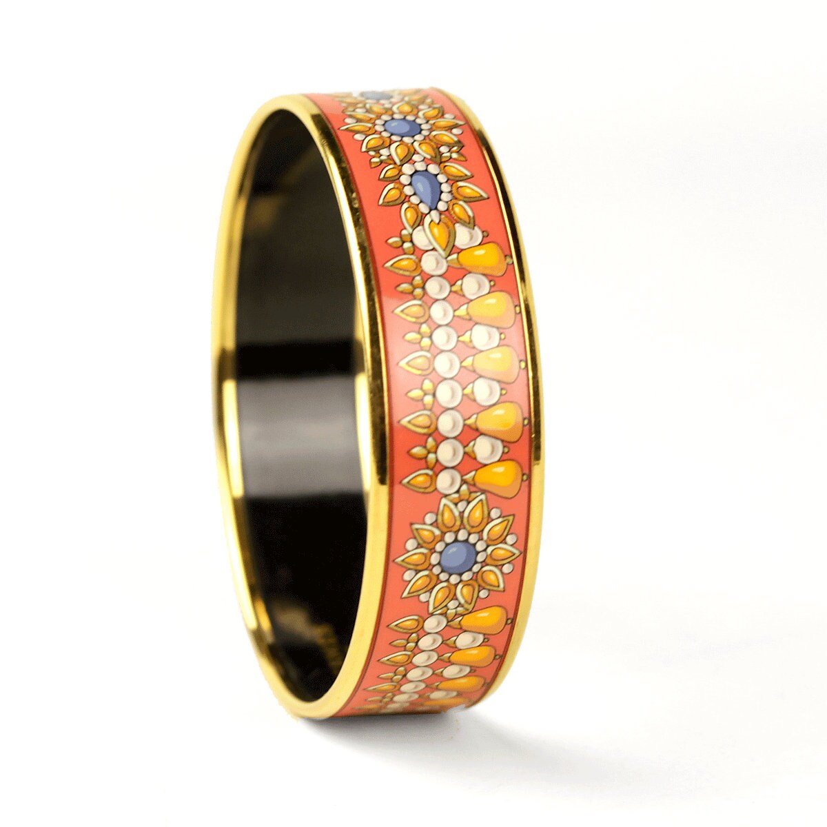 Hermes Bracelet 65 Wide Gold Enamel Jewels Pattern | Bangle GHW