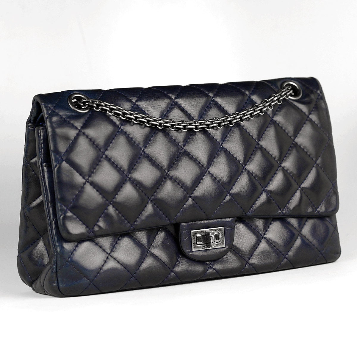 Chanel Bag 2.55 Reissue Navy Calfskin Leather with Silver Hardware 226